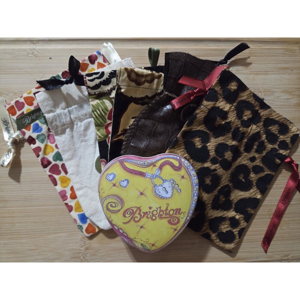 Brighton Drawstring Fabric Jewelry Pouch  Gift Bag Hearts 6 Bags + 1 Heart Tin